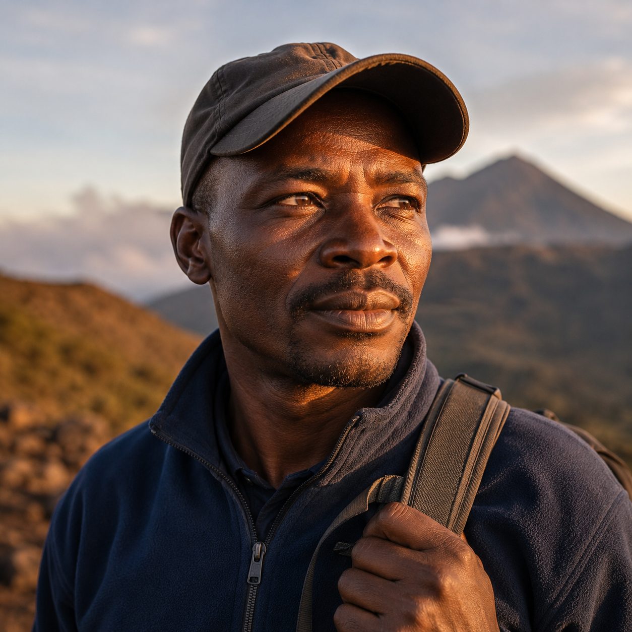 A mountain guide in a fleece and cap on the upper slopes at first light