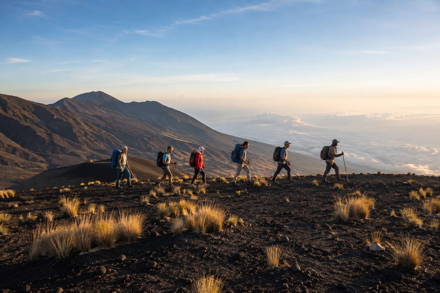 A guide leading walkers up the open upper slopes of Mount Cameroon above the tree line