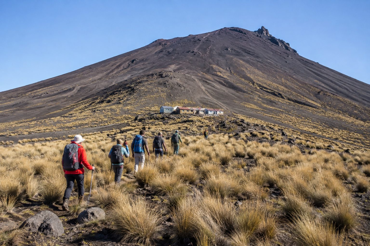 Walkers crossing the grass slopes below the summit huts on Mount Cameroon