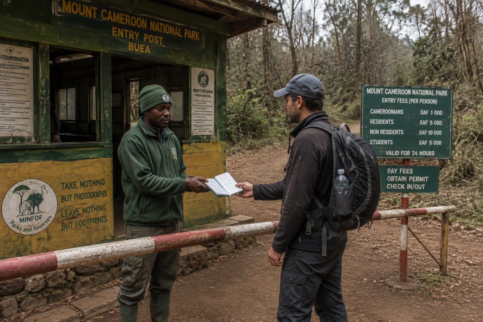 A guide checking a permit book at a national park entry post