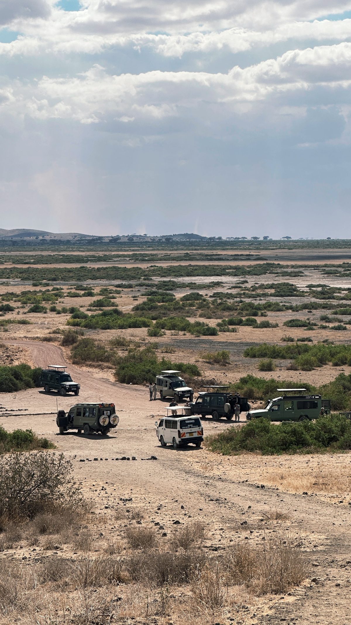 Eight expedition vehicles drawn up together on an open pan, people standing between them, an empty plain running to the horizon behind