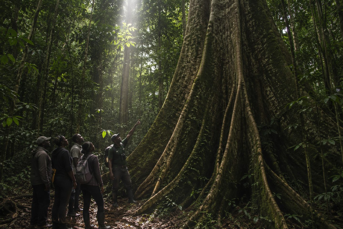 A forest guide pointing out a tree species inside dense rainforest
