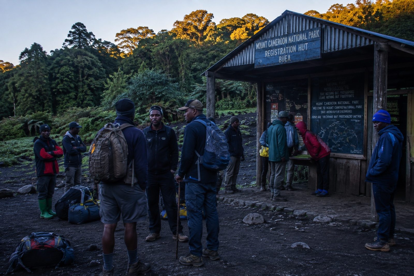 Climbers and guides gathered with packs on volcanic ground at the Mount Cameroon National Park registration hut in Buea before dawn, the forest canopy behind them already lit by the sun while the ground is still in shadow