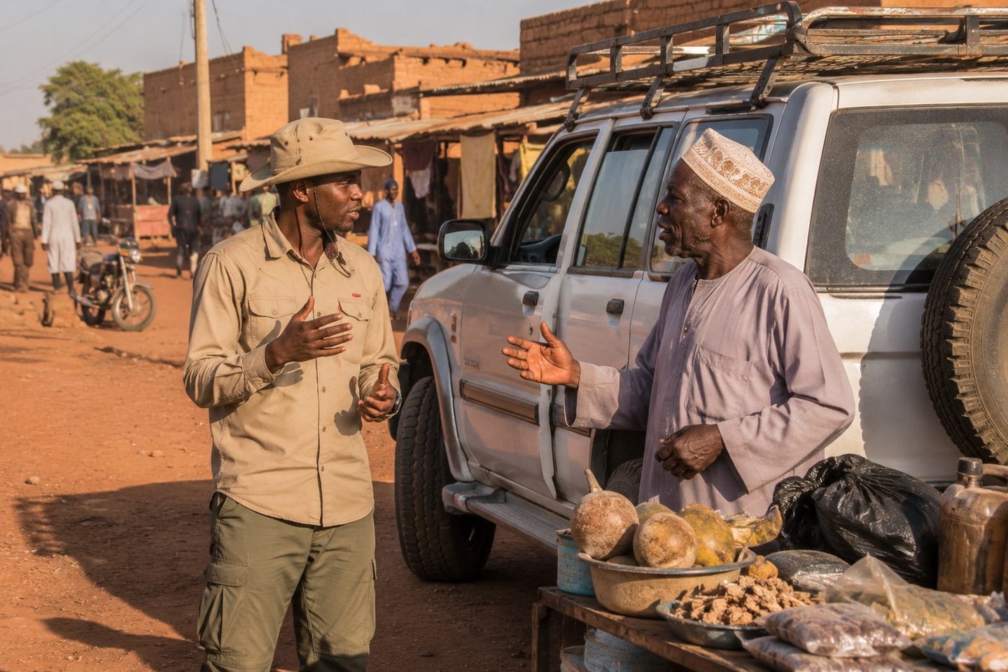 A guide talking with a market trader beside a vehicle in a northern town