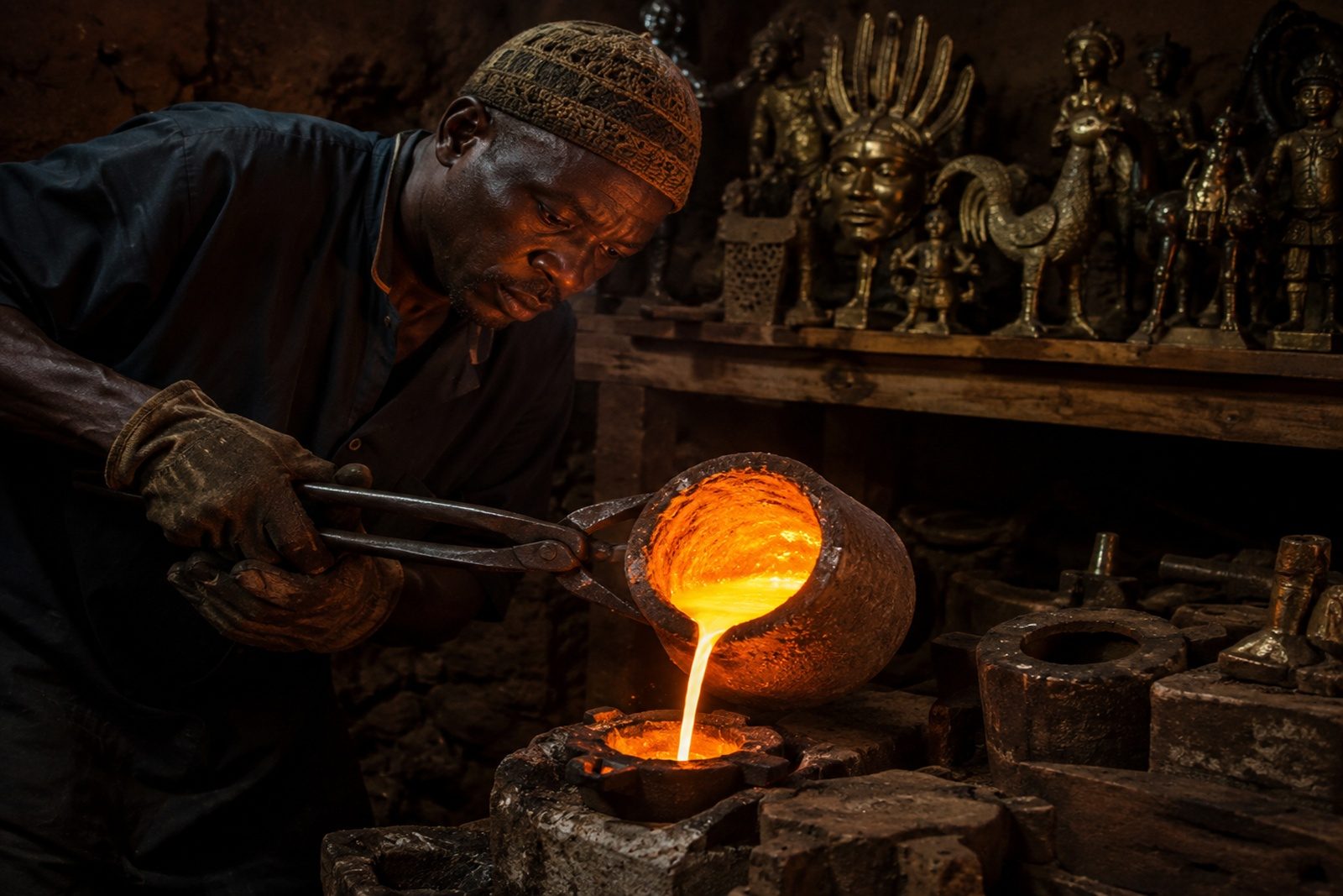 A bronze caster at work on the craft street at Foumban