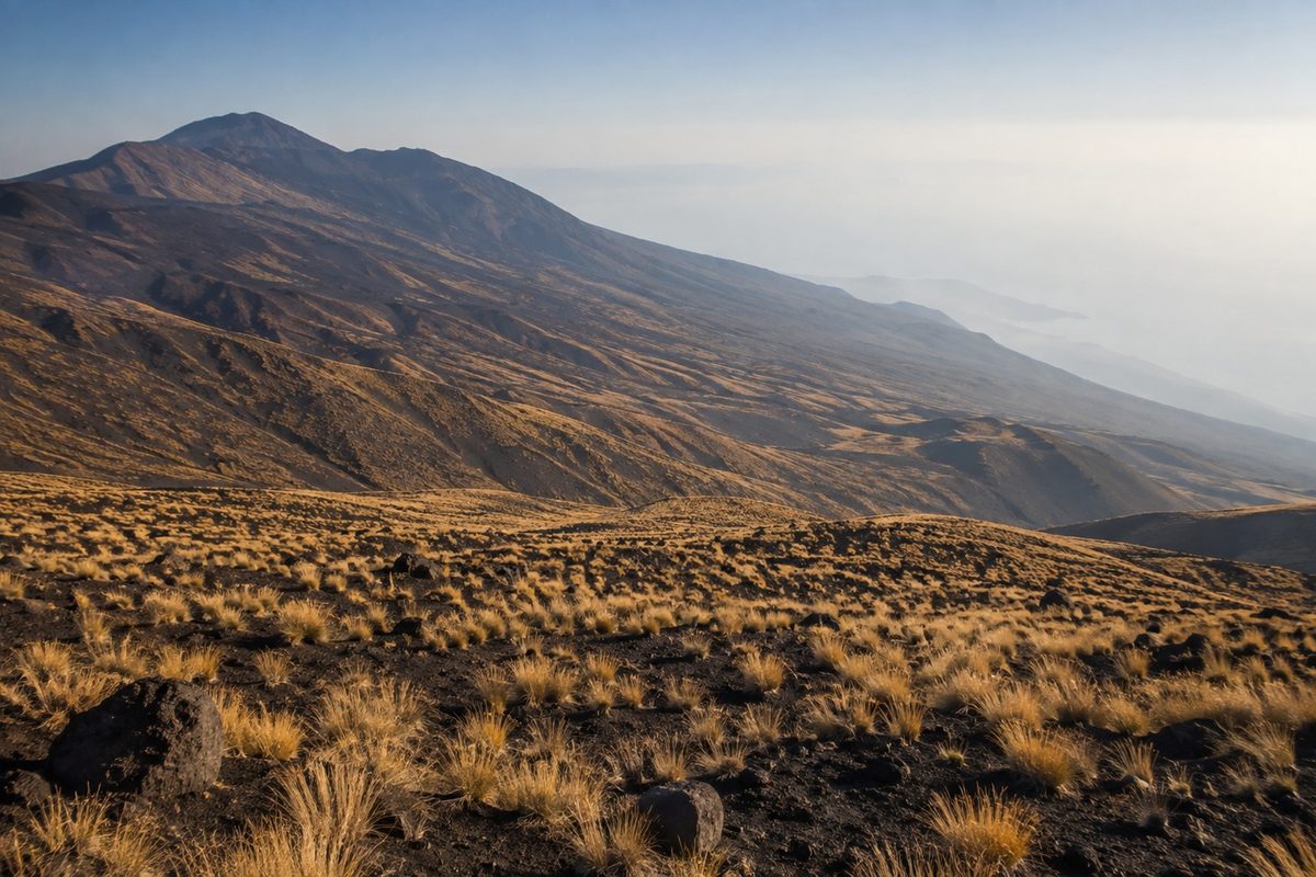 Dry-season light on the open upper slopes of the mountain