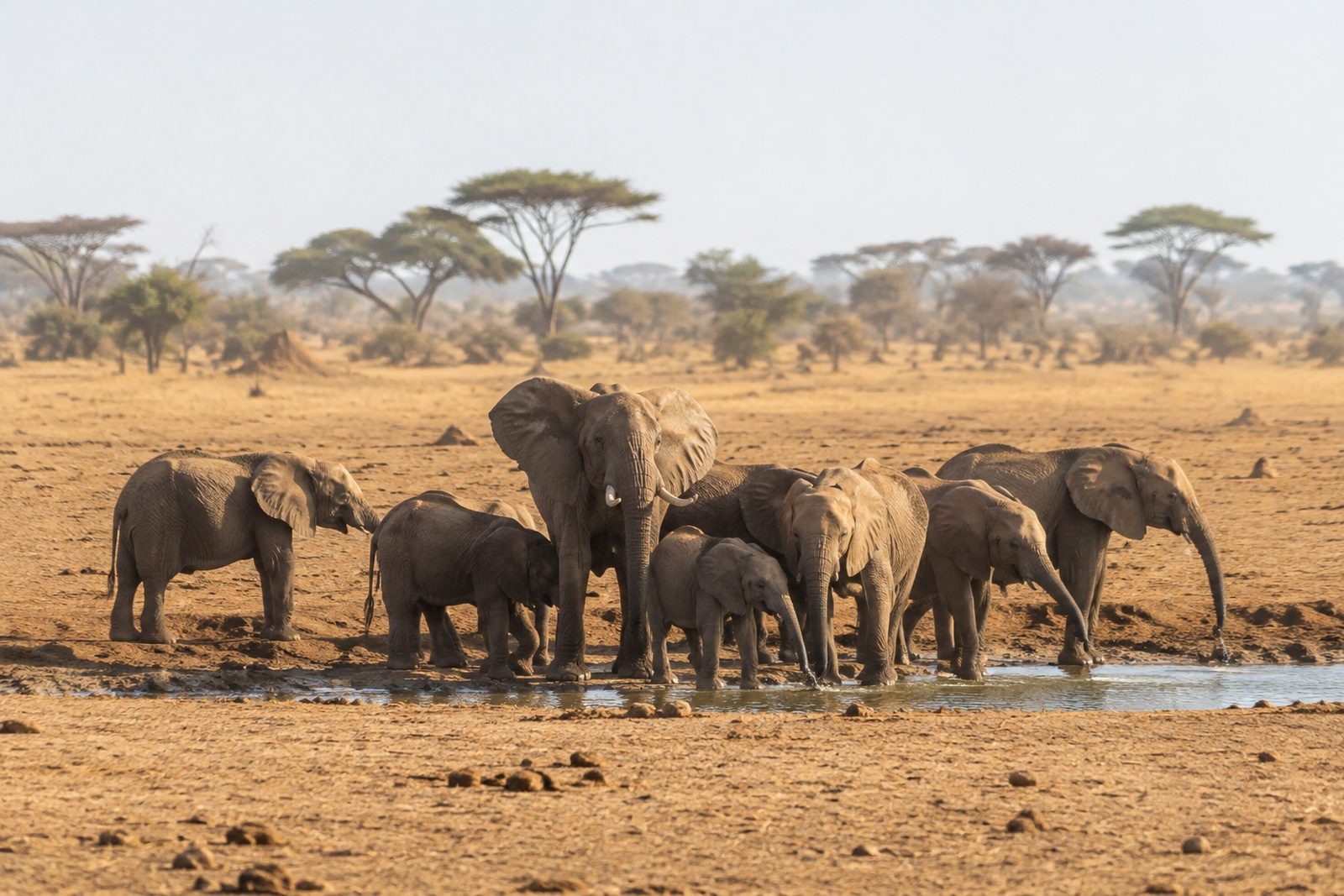 Elephants at a dry-season waterhole in flat acacia savanna at Waza