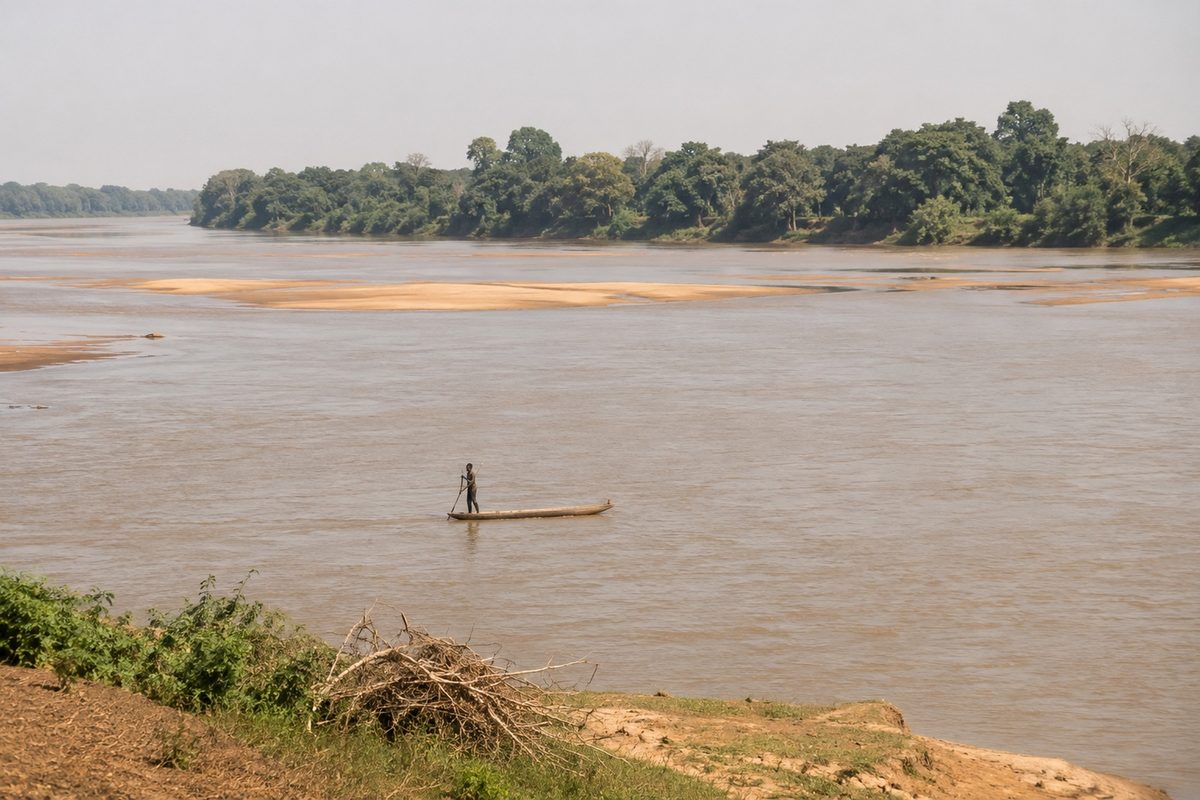 A wide brown river with gallery forest along the bank in savanna country