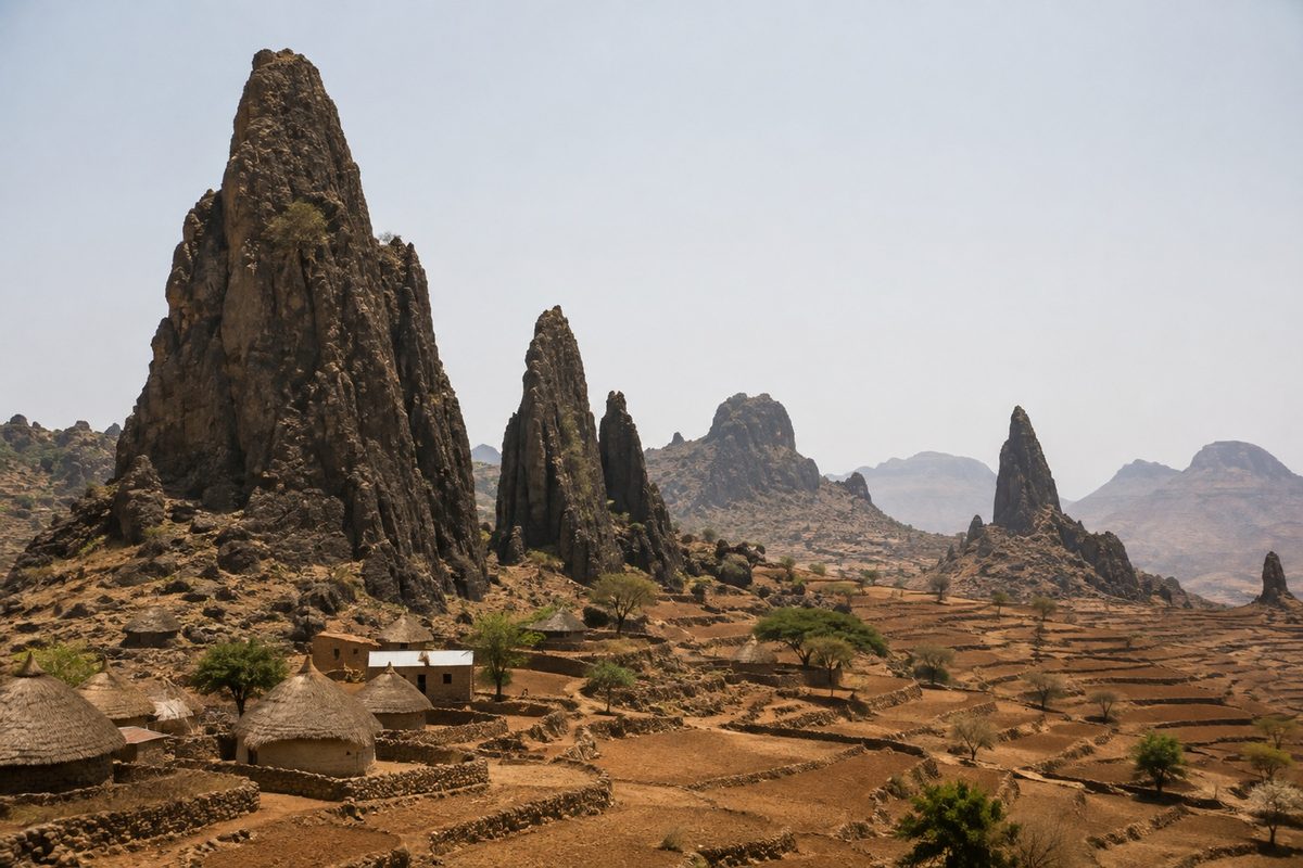 Volcanic rock spires rising out of dry farmland in the Mandara mountains