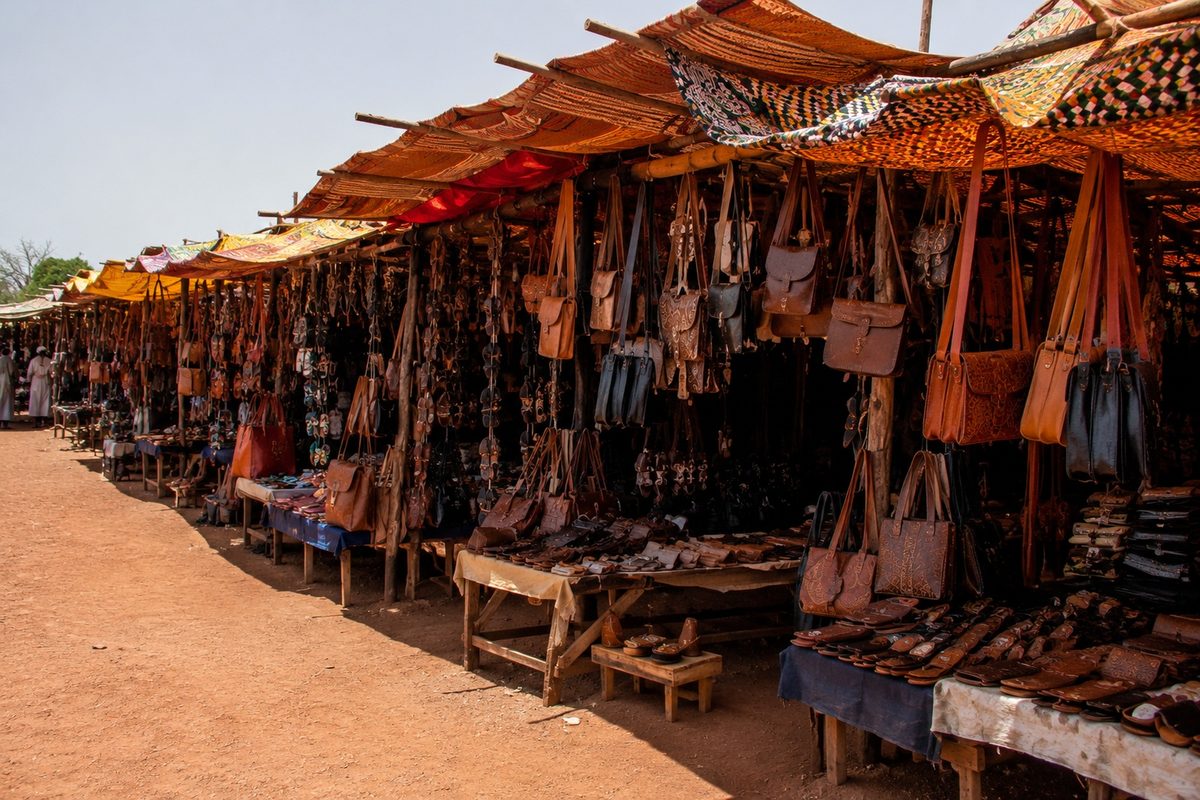 Leather and craft stalls under awnings in a northern Cameroonian market