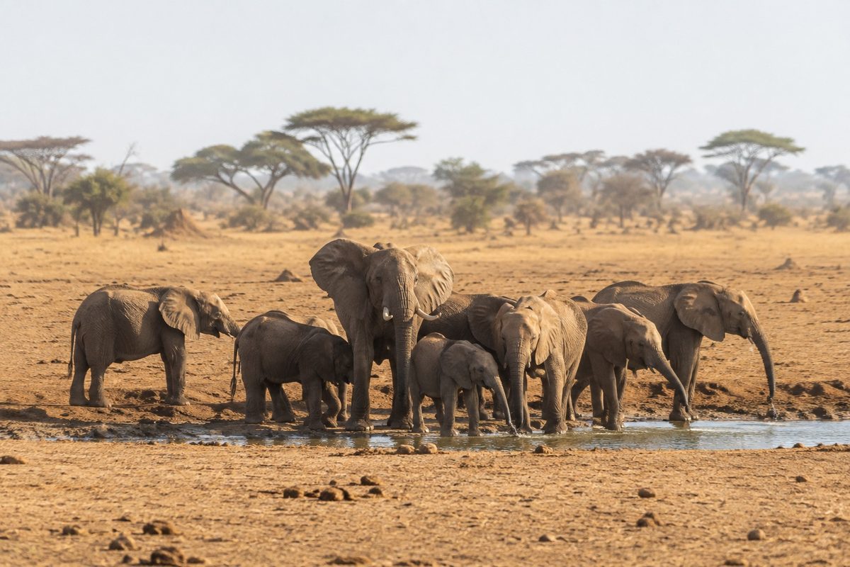 Elephants drinking at a shrinking waterhole in dry acacia savanna